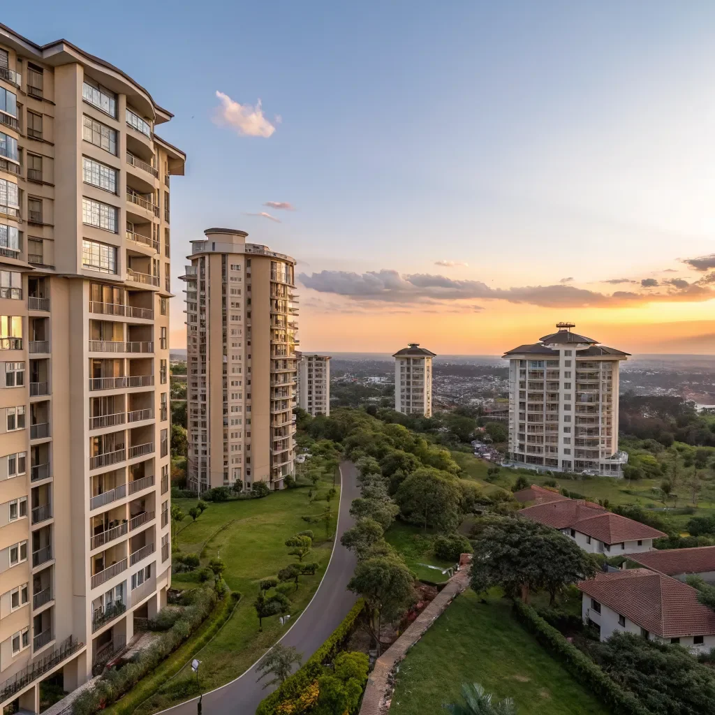 Modern residential apartment towers in a Nairobi neighbourhood, illustrating apartment versus condo ownership.