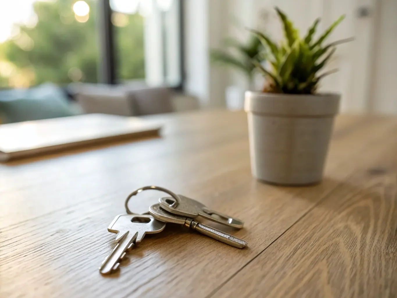 Apartment keys on a wooden table beside a potted plant