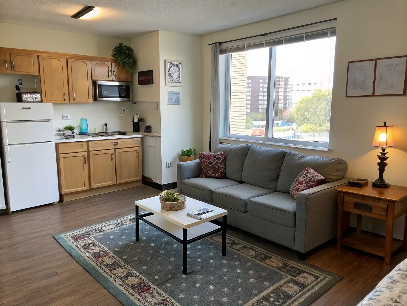 Cozy furnished studio apartment corner with a sofa and kitchenette